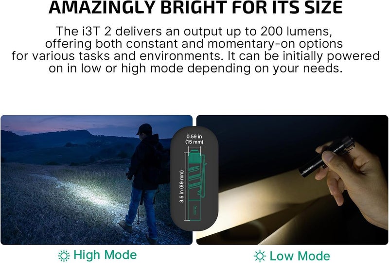 OLIGHT I3T 2 EOS Pocket EDC Flashlight, 200 Lumens Compact Bright Handheld Flash Lights, Dual-Output Tail Switch with AAA Battery and Two-Way Pocket Clip for Camping and Hiking (Black) - Image 3
